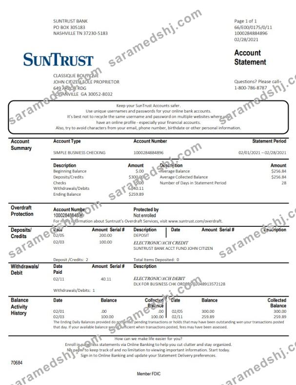 USA Georgia SunTrust bank statement template in Word and PDF format (For Sole Proprietor)